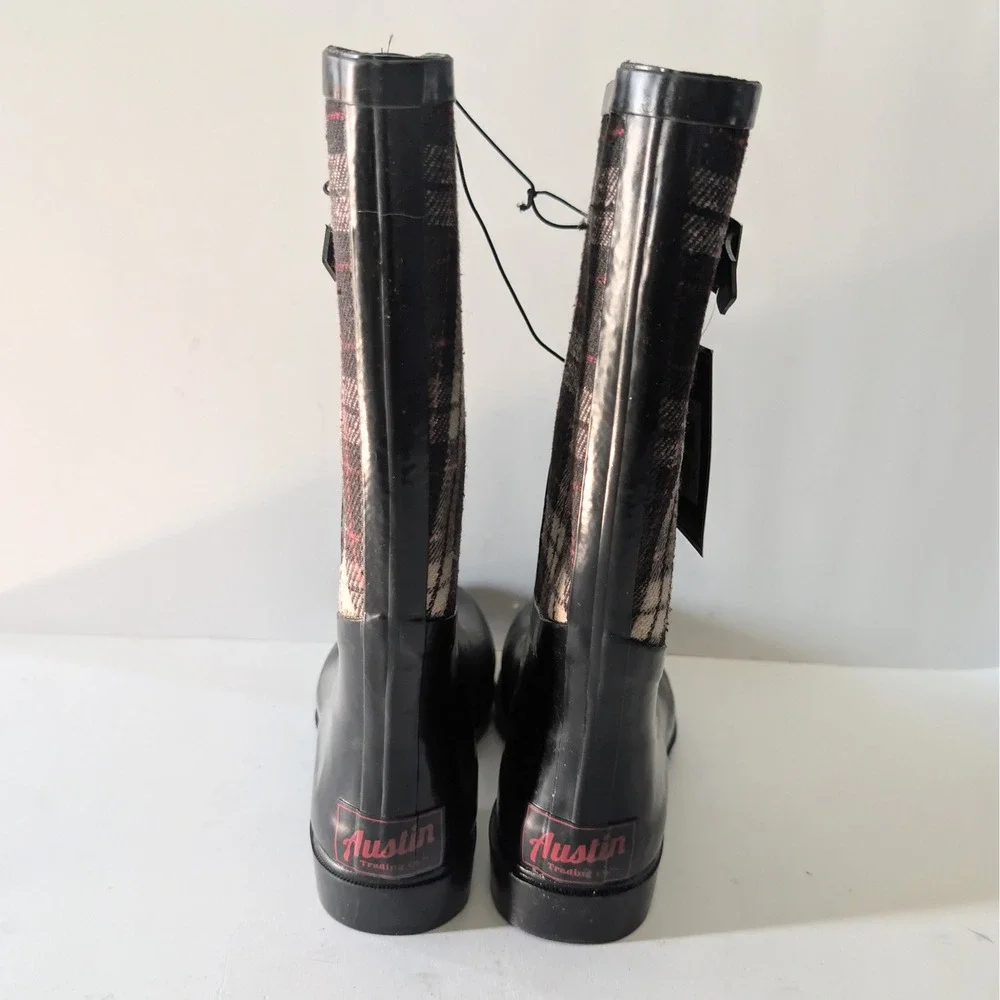 Austin Trading Co Womens Plaid Rubber Rain Boots Black Red White Size 8 NWT